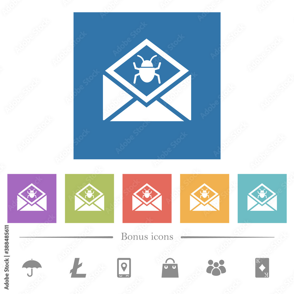 Open mail with malware symbol flat white icons in square backgrounds Open mail with malware symbol flat white icons in square backgrounds