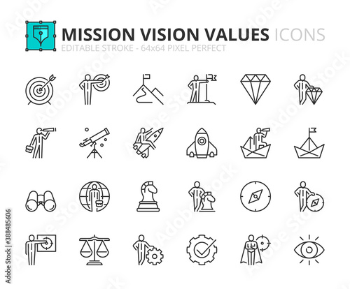Simple set of outline icons about mission, vision and core values. Business concepts