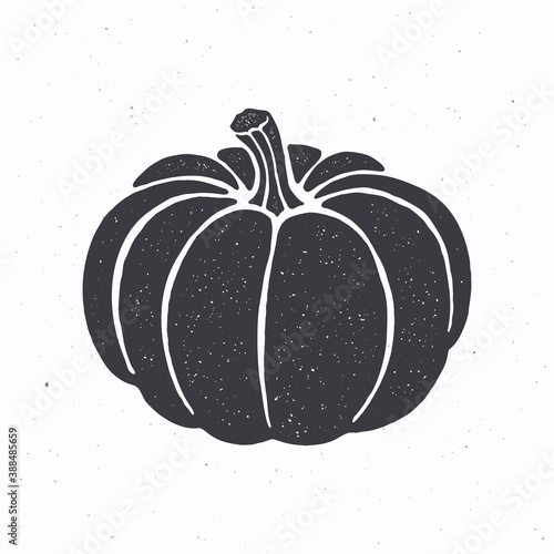 Silhouette of pumpkin with stem. Vector illustration. Symbol of halloween and October festival. Healthy vegetarian food. Clipart for packaging, label, menu or showcase. Isolated on white background