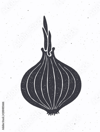 Silhouette of bulb of onion with sprout. Vector illustration. Ingredient for vegetable salad. Healthy vegetarian food. Clipart for packaging, label, menu or showcase. Isolated on white background