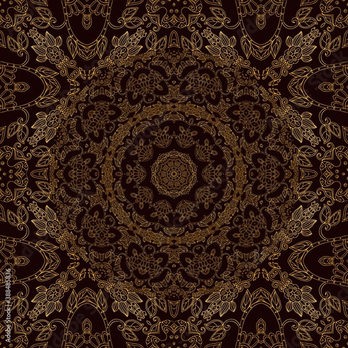 Luxury bandana print with gold floral ornament. Trendy design for scarf, shawl, cushion. Seamless pattern.