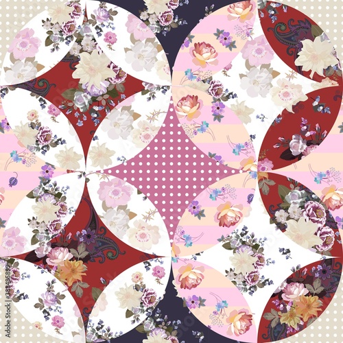 Beautiful patchwork seamless pattern with flowers and polka dot. Print for fabric, textile. Quilt design.