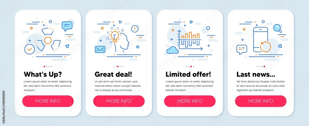 Set of Education icons, such as Chemical hazard, Idea, Diagram chart symbols. Mobile screen banners. Recovery phone line icons. Toxic, Creative designer, Presentation graph. Backup smartphone. Vector Set of Education icons, such as Chemical hazard, Idea, Diagram chart symbols. Mobile screen banners. Recovery phone line icons. Toxic, Creative designer, Presentation graph. Backup smartphone. Vector