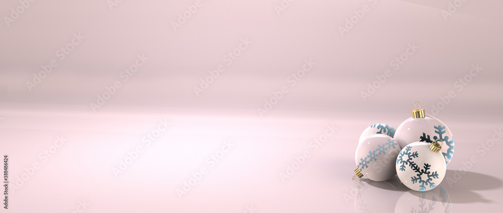 3D-illustration pink christmas banner with baubles reflecting the light - copy space