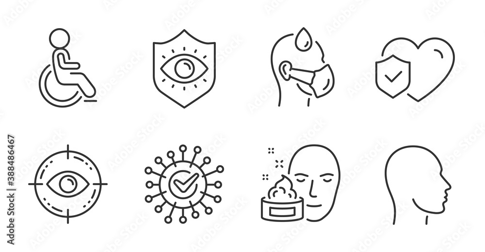 Eye target, Life insurance and Face cream line icons set. Disabled, Eye protection and Sick man signs. Head, Coronavirus symbols. Optometry, Risk coverage, Gel. Medical set. Quality line icons. Vector Eye target, Life insurance and Face cream line icons set. Disabled, Eye protection and Sick man signs. Head, Coronavirus symbols. Optometry, Risk coverage, Gel. Medical set. Quality line icons. Vector