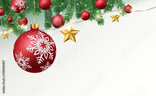 Merry christmas and happy new year banner with balls and confetti