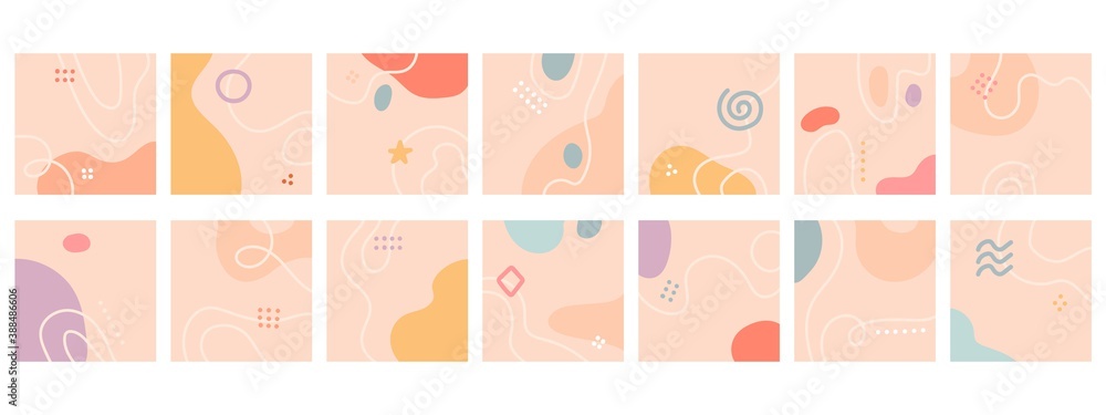 Set of fourteen abstract isolated backgrounds. Hand drawn various shapes and doodle objects. Modern contemporary trendy vector illustration. Delicate pastel colors. Stock illustration. Copy space Set of fourteen abstract isolated backgrounds. Hand drawn various shapes and doodle objects. Modern contemporary trendy vector illustration. Delicate pastel colors. Stock illustration. Copy space