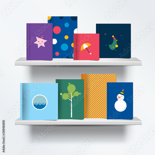 Children, kids Bookshelf. Front view of books cover standing on grey background with shadows. Vector illustration.