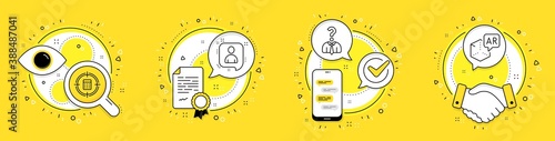 Developers chat, Calculator target and Hiring employees line icons set. Licence, cell phone and deal vector icons. Augmented reality sign. Manager talk, Audit, Human resources. Virtual reality. Vector