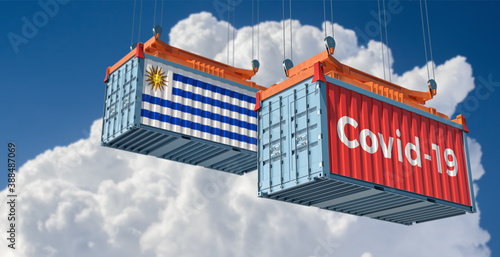 Container with Coronavirus Covid-19 text on the side and container with Uruguay Flag. 3D Rendering © Marius Faust