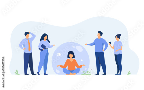 Person keeping social distance and avoiding contact. Woman separating from crowd and meditating in transparent bubble. Vector illustration for solitude or isolation concept