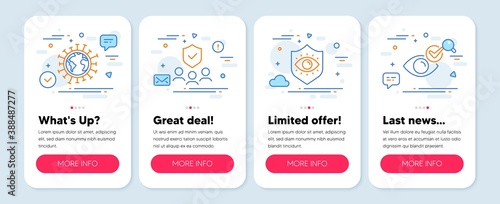 Set of Medical icons, such as Coronavirus, Eye protection, People insurance symbols. Mobile screen app banners. Check eye line icons. Pandemic infection, Optometry, Risk coverage. Vision. Vector