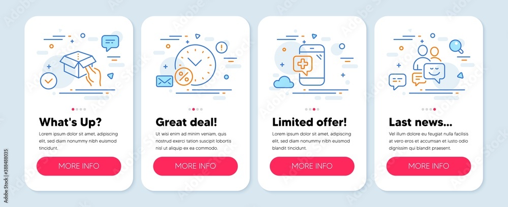 Set of Technology icons, such as Hold box, Loan percent, Medical phone symbols. Mobile app mockup banners. Communication line icons. Delivery parcel, Discount, Mobile medicine. Vector Set of Technology icons, such as Hold box, Loan percent, Medical phone symbols. Mobile app mockup banners. Communication line icons. Delivery parcel, Discount, Mobile medicine. Vector