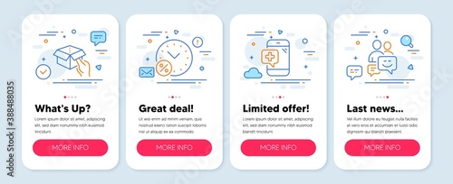 Set of Technology icons, such as Hold box, Loan percent, Medical phone symbols. Mobile app mockup banners. Communication line icons. Delivery parcel, Discount, Mobile medicine. Vector