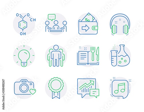 Education icons set. Included icon as Accounting, Chemistry flask, Recipe book signs. Wallet, Reward, Headphones symbols. Light bulb, Photo camera, Group. People chatting, Chemical formula. Vector