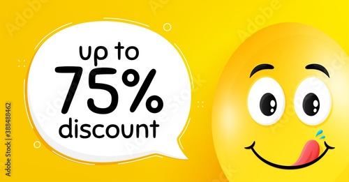 Up to 75% Discount. Easter egg with yummy smile face. Sale offer price sign. Special offer symbol. Save 75 percentages. Easter smile character. Discount tag speech bubble. Vector