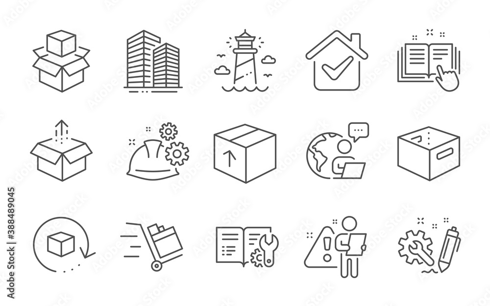 Skyscraper buildings, Office box and Engineering documentation line icons set. Return package, Lighthouse and Working process signs. Line icons set. Vector