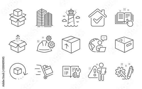 Skyscraper buildings, Office box and Engineering documentation line icons set. Return package, Lighthouse and Working process signs. Line icons set. Vector