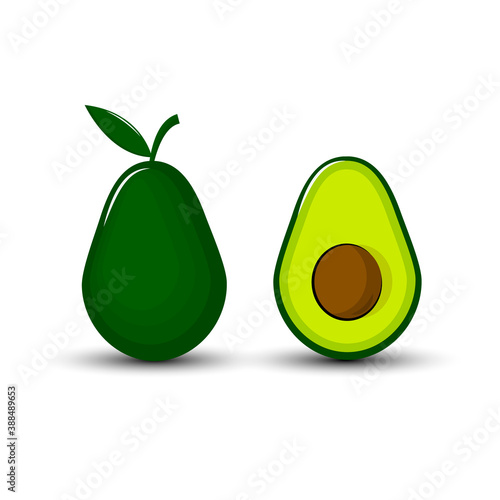 Avocado vector isolated on white backgroud. Green avocado whole, cut in half, with leaf and seed.