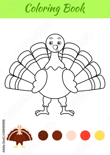 Coloring page happy turkey. Coloring book for kids. Educational activity for preschool years kids and toddlers with cute animal. Flat cartoon colorful vector illustration.