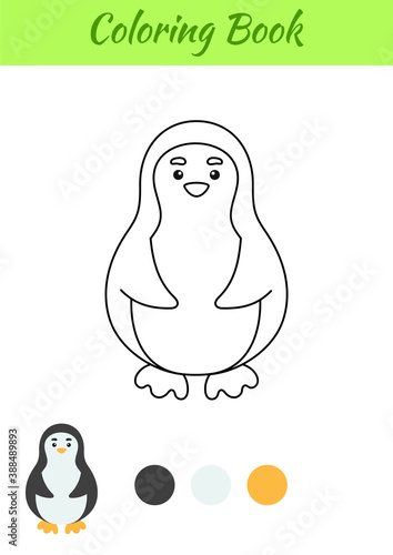 Coloring page happy penguin. Coloring book for kids. Educational activity for preschool years kids and toddlers with cute animal. Flat cartoon colorful vector illustration.