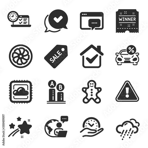 Set of Business icons, such as Gingerbread man, Car leasing, Cloud computing symbols. Safe time, Approved, Rainy weather signs. Fan engine, Seo message, Ab testing. Winner ticket. Vector
