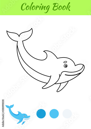 Coloring page happy dolphin. Coloring book for kids. Educational activity for preschool years kids and toddlers with cute animal. Flat cartoon colorful vector illustration.