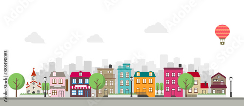 Modern colorful city / town street flat vector illustration (no person)