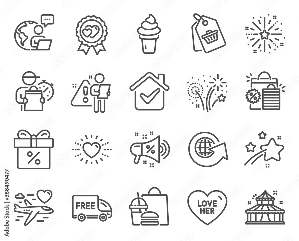 Holidays icons set. Included icon as World globe, Love her, Heart signs. Fireworks, Honeymoon travel, Ice cream symbols. Fireworks explosion, Shopping bags, Circus. Sale megaphone. Vector Holidays icons set. Included icon as World globe, Love her, Heart signs. Fireworks, Honeymoon travel, Ice cream symbols. Fireworks explosion, Shopping bags, Circus. Sale megaphone. Vector