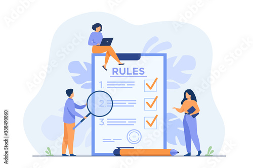 Business people studying list of rules, reading guidance, making checklist. Vector illustration for company order, restrictions, law, regulations concept photo