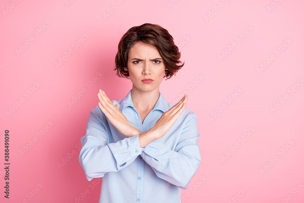 Close-up portrait of her she nice attractive sullen grumpy brown-haired girl showing crossed hands enough decision isolated over pink pastel color background Close-up portrait of her she nice attractive sullen grumpy brown-haired girl showing crossed hands enough decision isolated over pink pastel color background