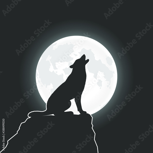 Wolf howls at the Moon. Wolf on the rock in the night graphic poster. Vector illustration
