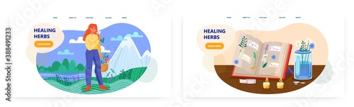Woman collects herbs in mountain meadow. Herbarium book with dry flowers and plants. Healing herbs vector concept illustration. Girl hand picking flowers. Web site design template