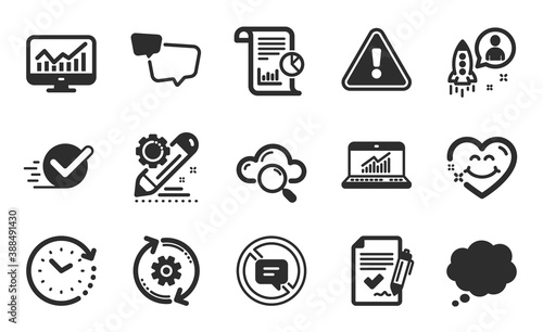 Online statistics, Statistics and Approved agreement icons simple set. Project edit, Comic message and Startup signs. Time change, Cloud computing and Speech bubble symbols. Flat icons set. Vector