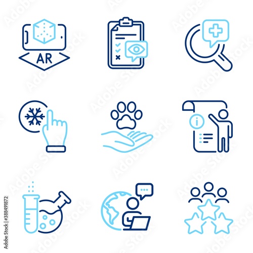 Business icons set. Included icon as Augmented reality, Freezing click, Business meeting signs. Pets care, Eye checklist, Medical analyzes symbols. Manual doc, Chemistry lab line icons. Vector