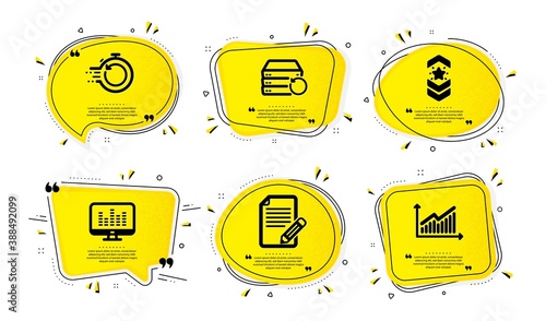 Music making, Fast recovery and Shoulder strap icons simple set. Yellow speech bubbles with dotwork effect. Article, Recovery server and Graph signs. Dj app, Backup timer, Star rank. Vector