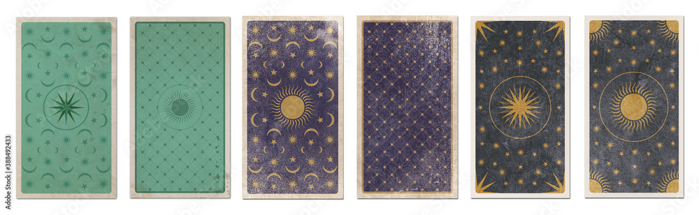 Back of Tarot card decorated with stars, sun and moon. Esoteric symbols on aged background, retro style. Isolated.