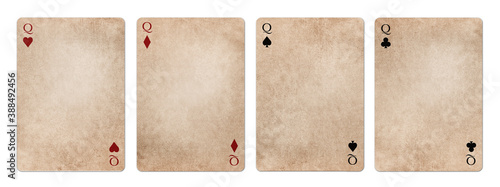 Illustration isolated on white background of aged retro style poker cards. Blank space.