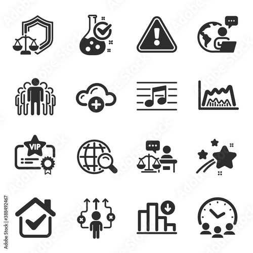 Set of Education icons, such as Business way, Justice scales, Vip certificate symbols. Group, Chemistry lab, Internet search signs. Court judge, Trade chart, Decreasing graph. Meeting time. Vector © blankstock