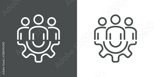 Trabajo en equipo. Icono lineal grupo de personas en engranaje en fondo gris y fondo blanco