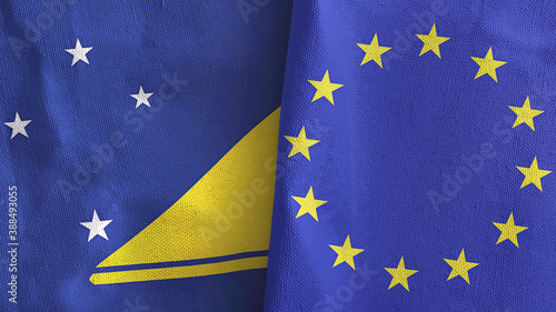 European Union and Tokelau two flags textile cloth 3D rendering