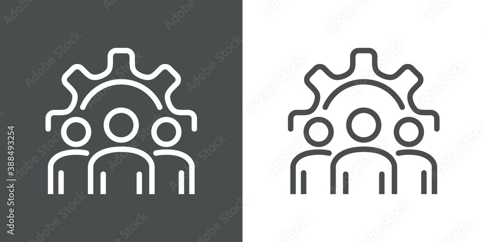 Trabajo en equipo. Icono lineal grupo de personas en engranaje en fondo gris y fondo blanco Trabajo en equipo. Icono lineal grupo de personas en engranaje en fondo gris y fondo blanco