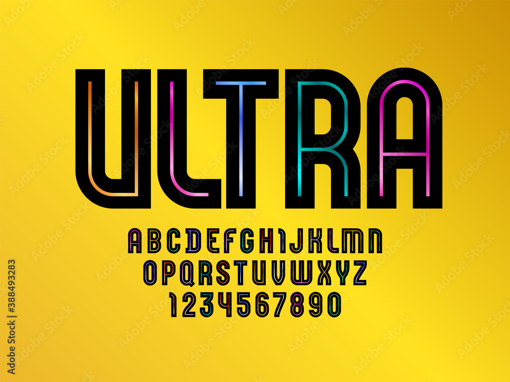 Trendy black ultra font, modern striped alphabet, letters and numbers, vector illustration 10eps