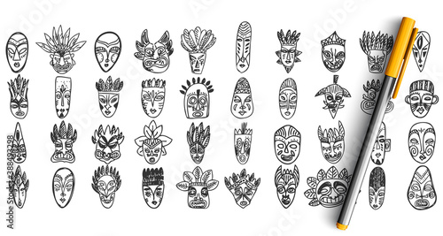 Masks doodle set. Collection of pencil pen ink hand drawn sketches templates patterns of ancient tribal human vodoo facemasks isolated in line. Mysterious and magic ritual symbol illustration