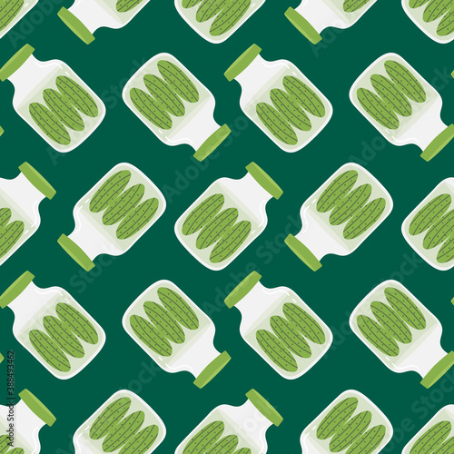 Pickles jar with pickled cucumbers vector cartoon style seamless pattern background.