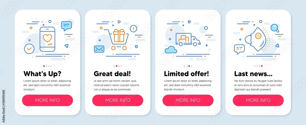 Set of line icons, such as Shopping cart, Truck transport, Love chat symbols. Mobile screen app banners. Medical mask line icons. Gift box, Delivery, Smartphone. Surgical mask. Vector Set of line icons, such as Shopping cart, Truck transport, Love chat symbols. Mobile screen app banners. Medical mask line icons. Gift box, Delivery, Smartphone. Surgical mask. Vector