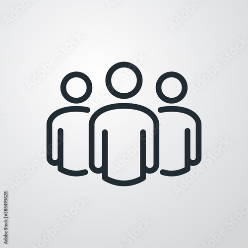 Símbolo trabajo en equipo. Icono plano lineal grupo de 3 personas en fondo gris