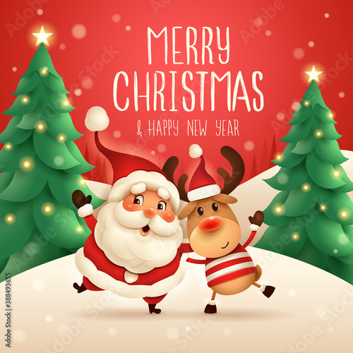Merry Christmas! Santa Claus and Reindeer arm over shoulder. Vector illustration of Christmas character on snow scene.