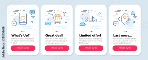 Set of line icons, such as Shopping cart, Truck transport, Love chat symbols. Mobile screen app banners. Medical mask line icons. Gift box, Delivery, Smartphone. Surgical mask. Vector