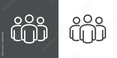 Símbolo trabajo en equipo. Icono plano lineal grupo de 3 personas en fondo gris y fondo blanco